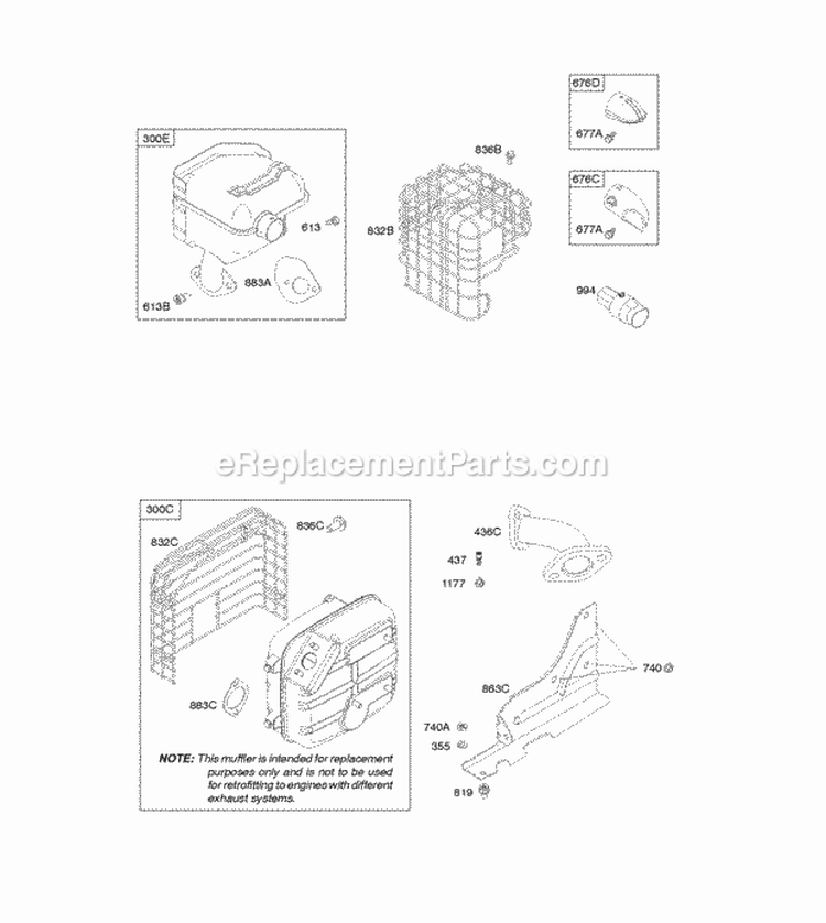 Exhaust System Diagram and Parts List for 20S207-0120-F1  Briggs and Stratton Engine